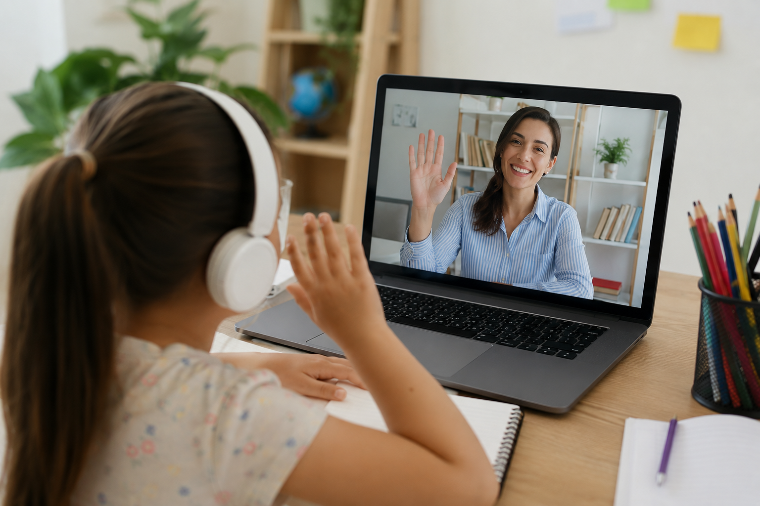 A young student wearing headphones waves during a virtual learning or teletherapy session on a laptop, while a smiling educator appears on screen in a home learning environment.