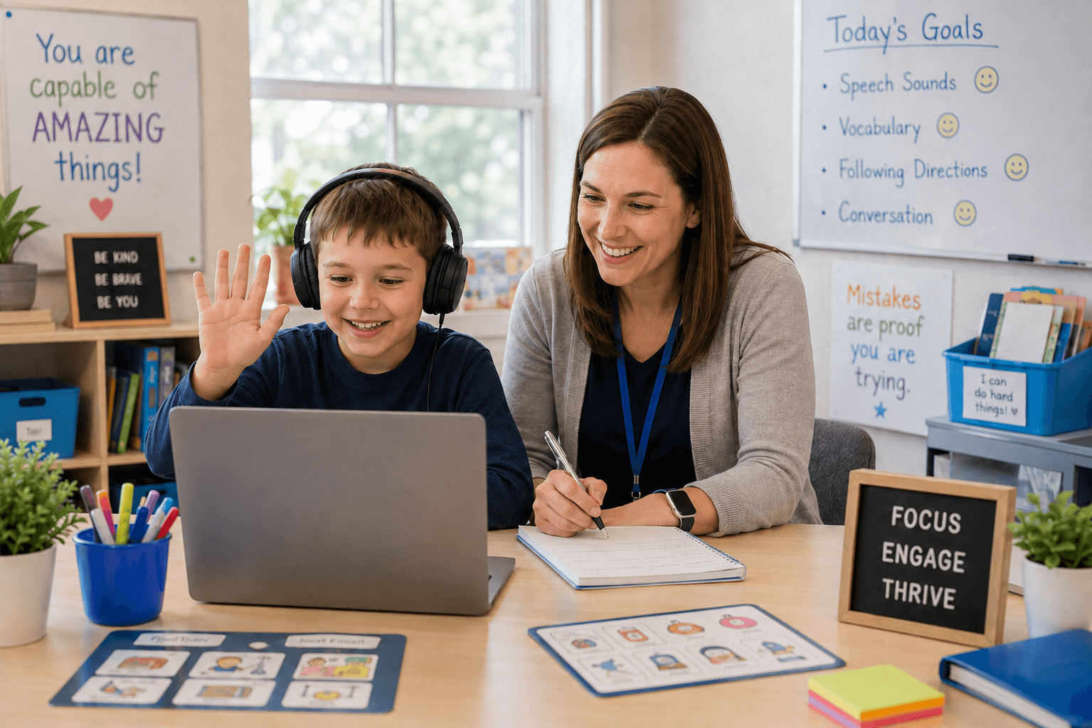 Teacher supports a young student during an online speech therapy session on a laptop in a positive and engaging classroom environment.