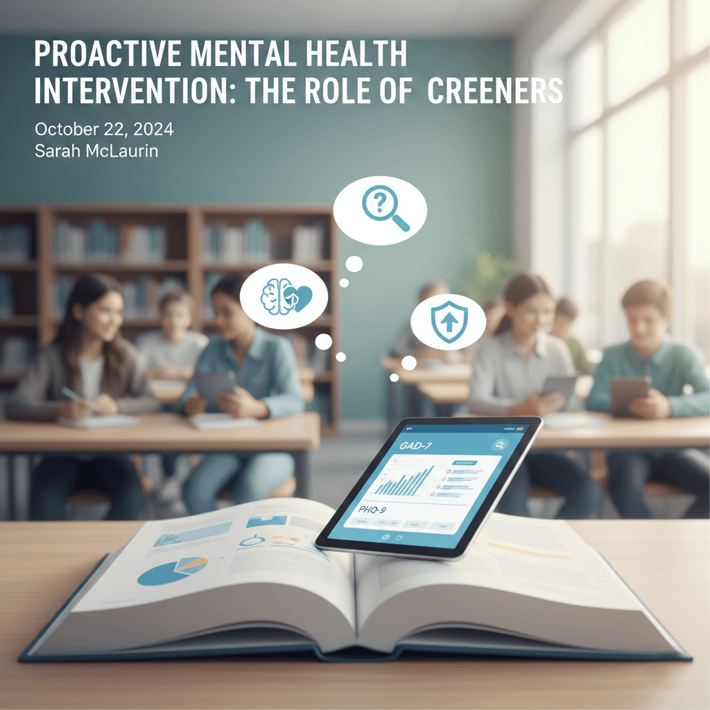 A classroom scene featuring students using digital devices with mental health screening icons and assessment tools like GAD-7 and PHQ-9, representing proactive student mental health intervention.
