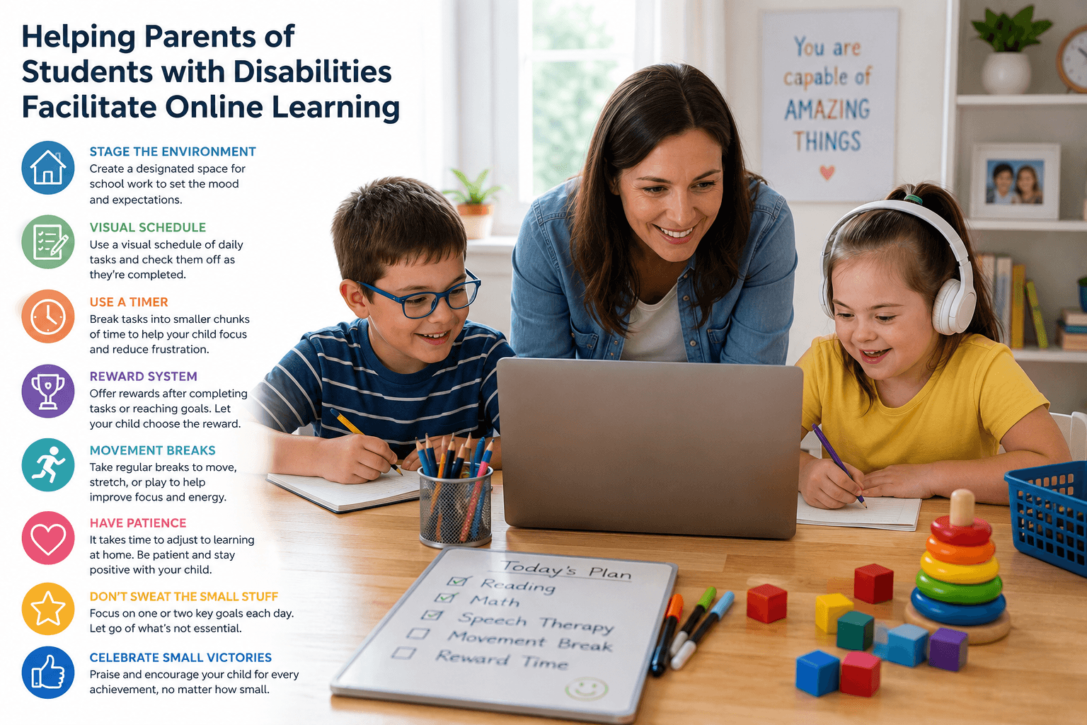 A parent supports two children during online learning activities at home, with a visual schedule and educational tips displayed beside them to help students with disabilities stay focused and engaged.