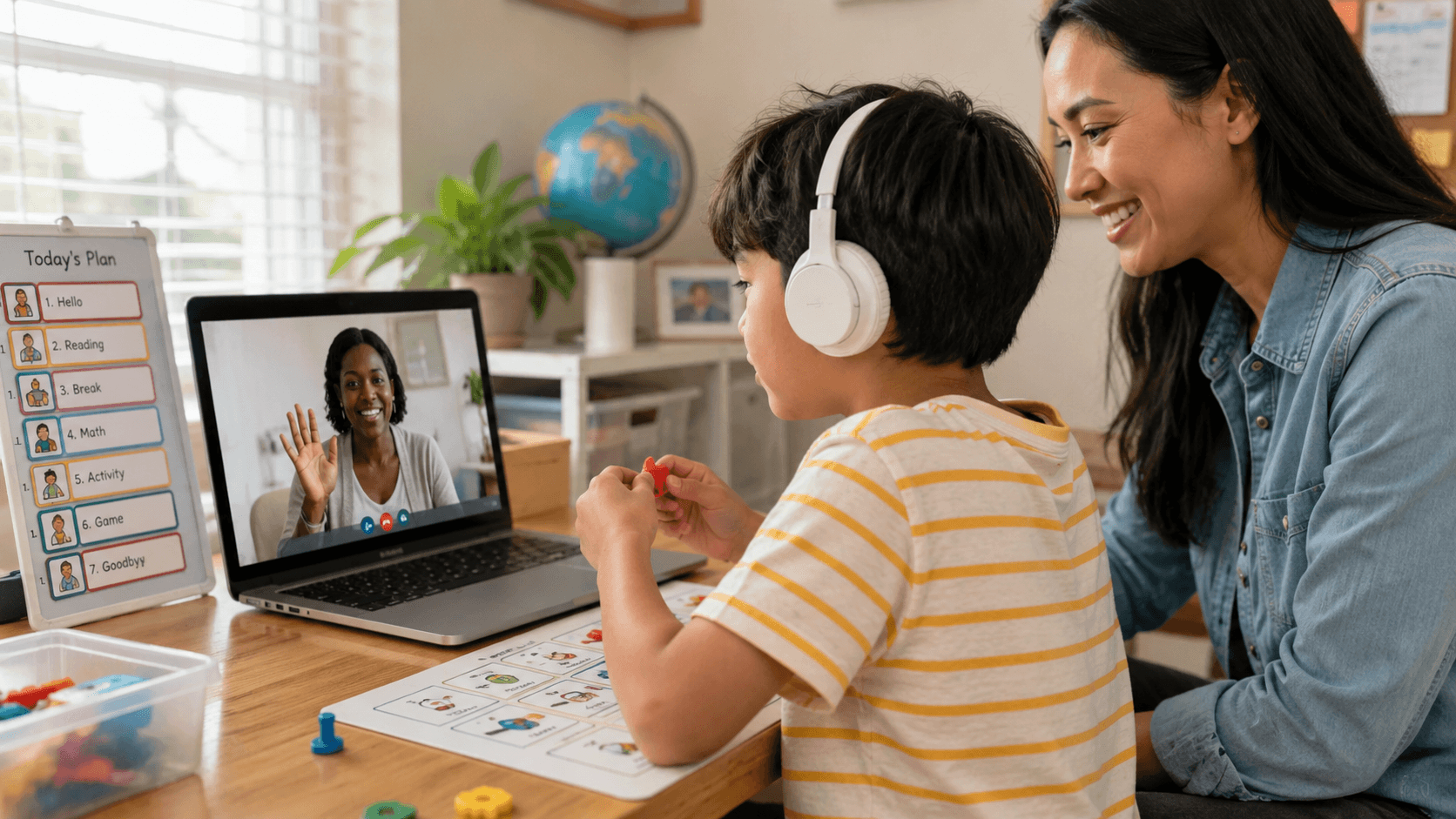 A parent supports a child wearing headphones during a virtual learning or therapy session on a laptop, while an online educator waves and a visual daily schedule helps guide the child’s activities.