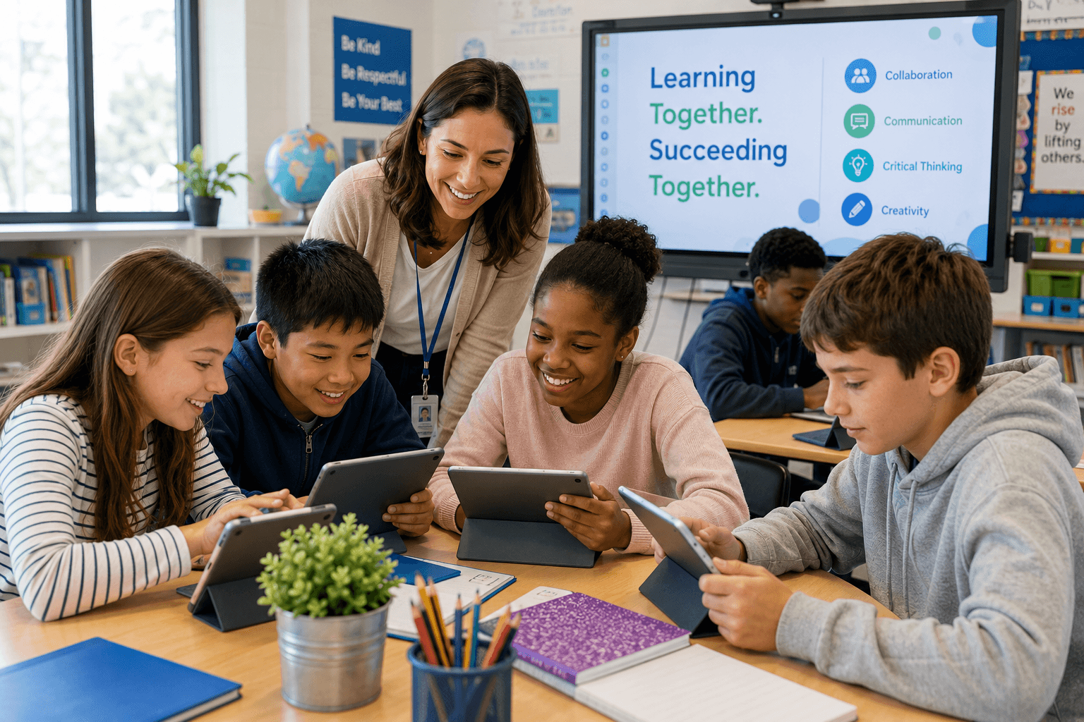 Teacher guides a diverse group of students using tablets in a collaborative classroom focused on communication, creativity, and digital learning.
