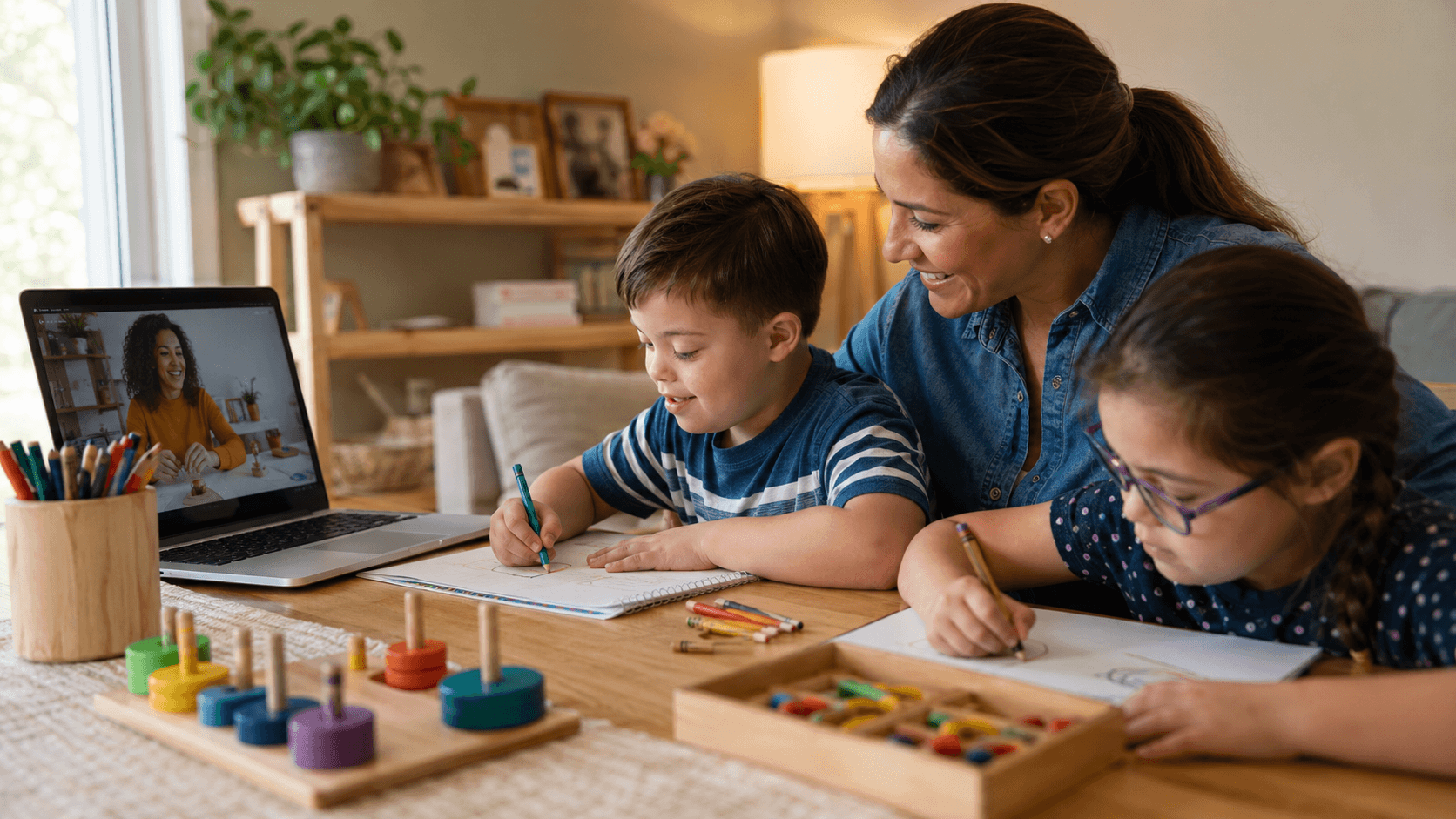 A parent helps two children with drawing and online learning activities at home while a teacher appears on a laptop screen during a virtual educational session.
